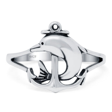 Dolphins & Anchor Oxidized Band Solid 925 Sterling Silver (14mm)